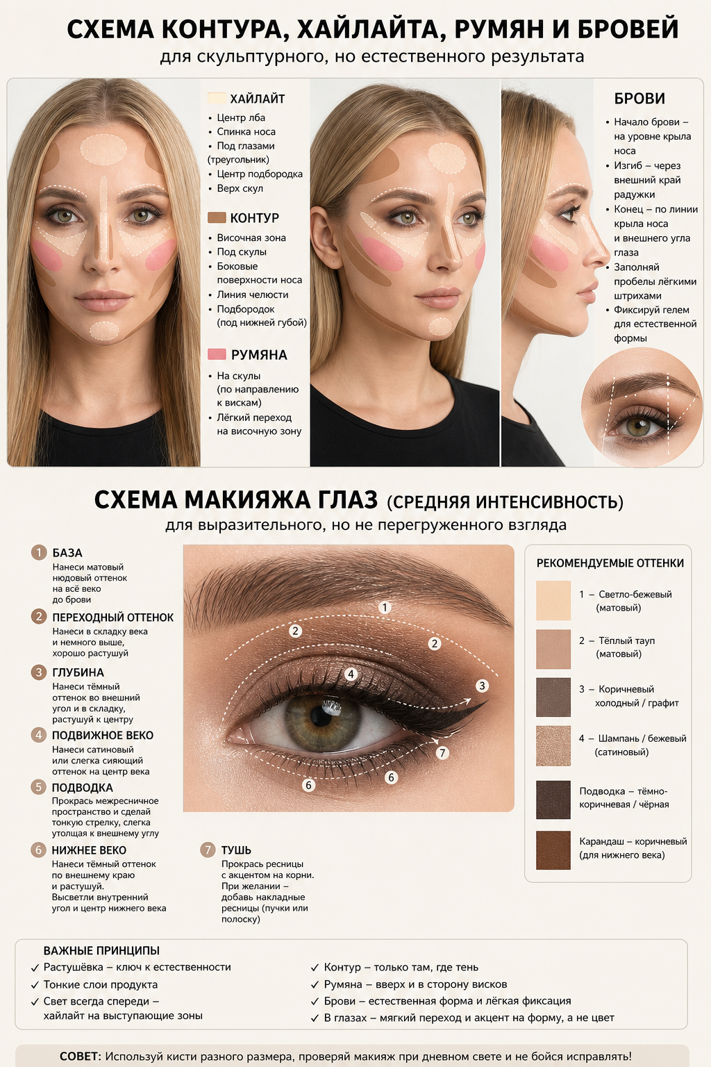 ИИ фото: схема идеального контуринга и макияжа глаз