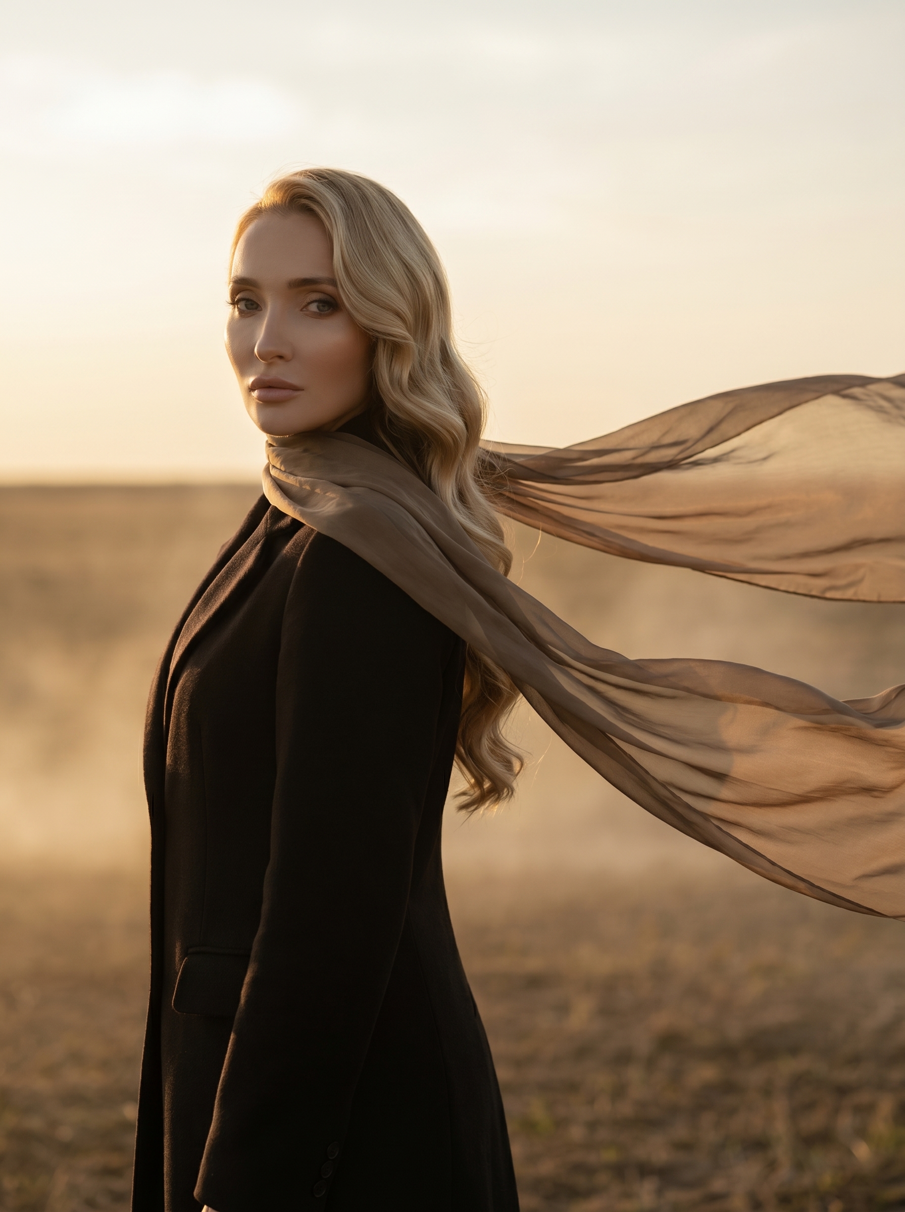 Нейрофотосессия: fashion editorial с развевающимся шарфом
