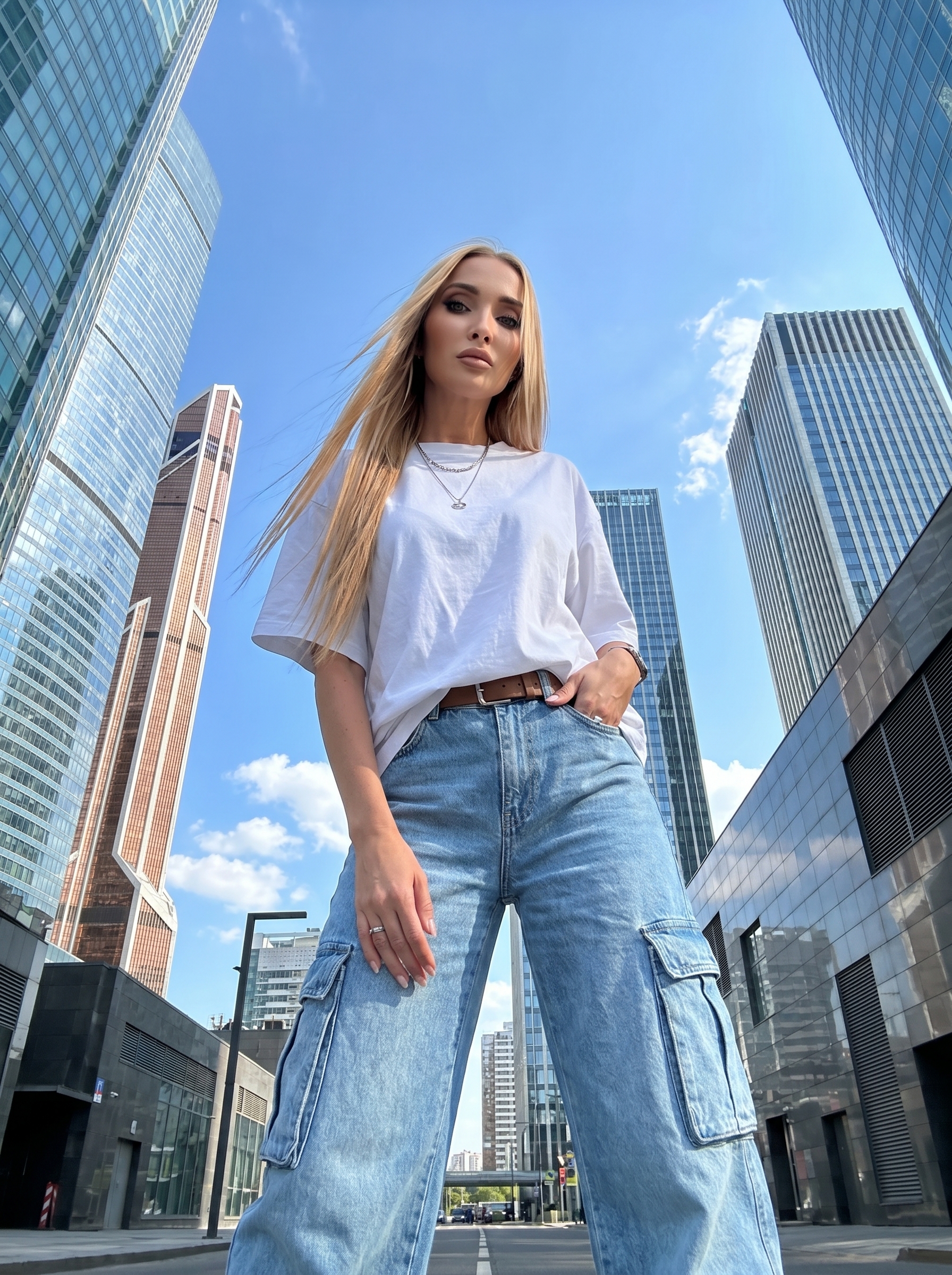 ИИ фото: городской fashion-образ с нижнего ракурса