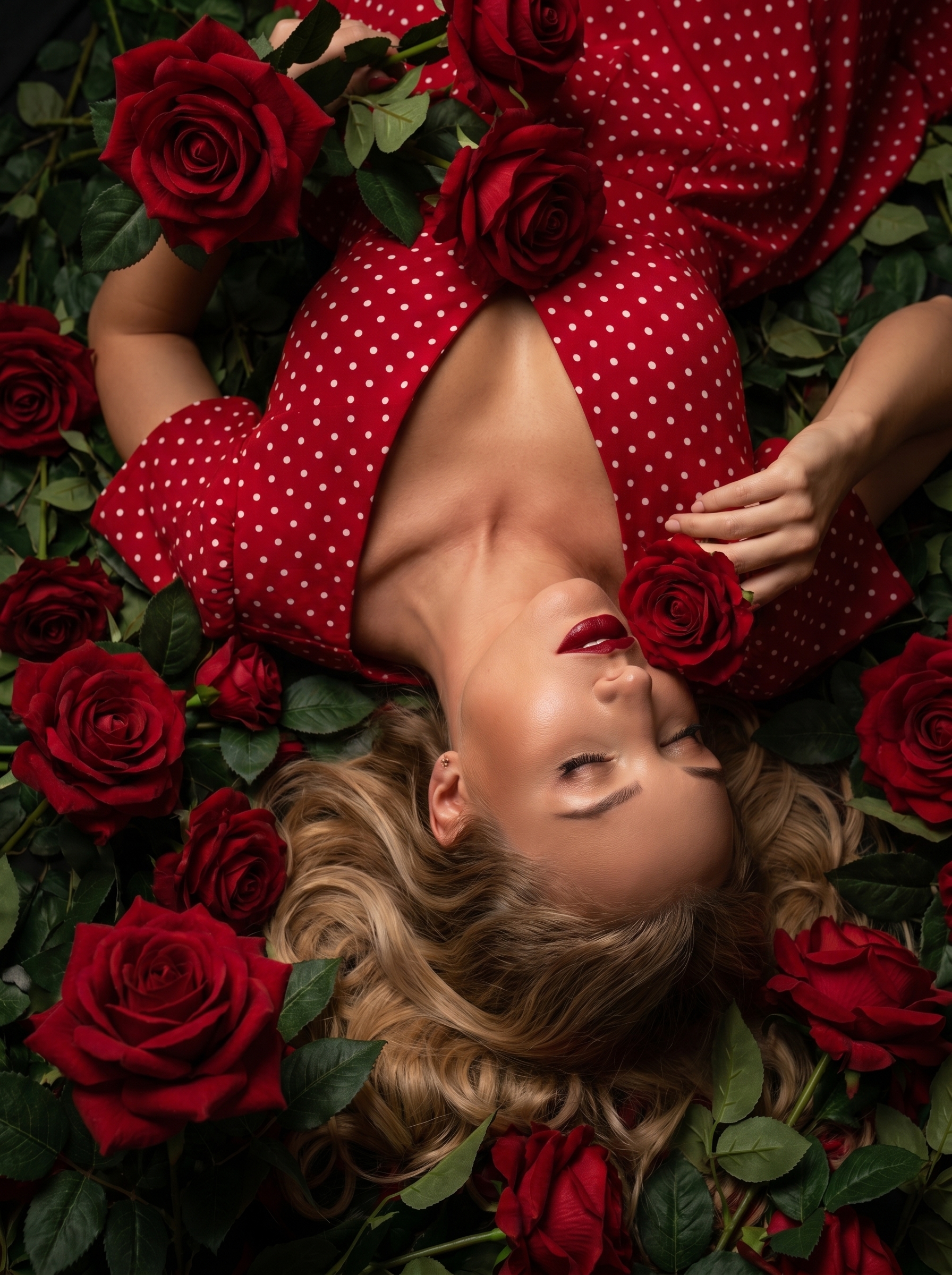 Нейрофотосессия: женщина среди алых роз, романтичный портрет