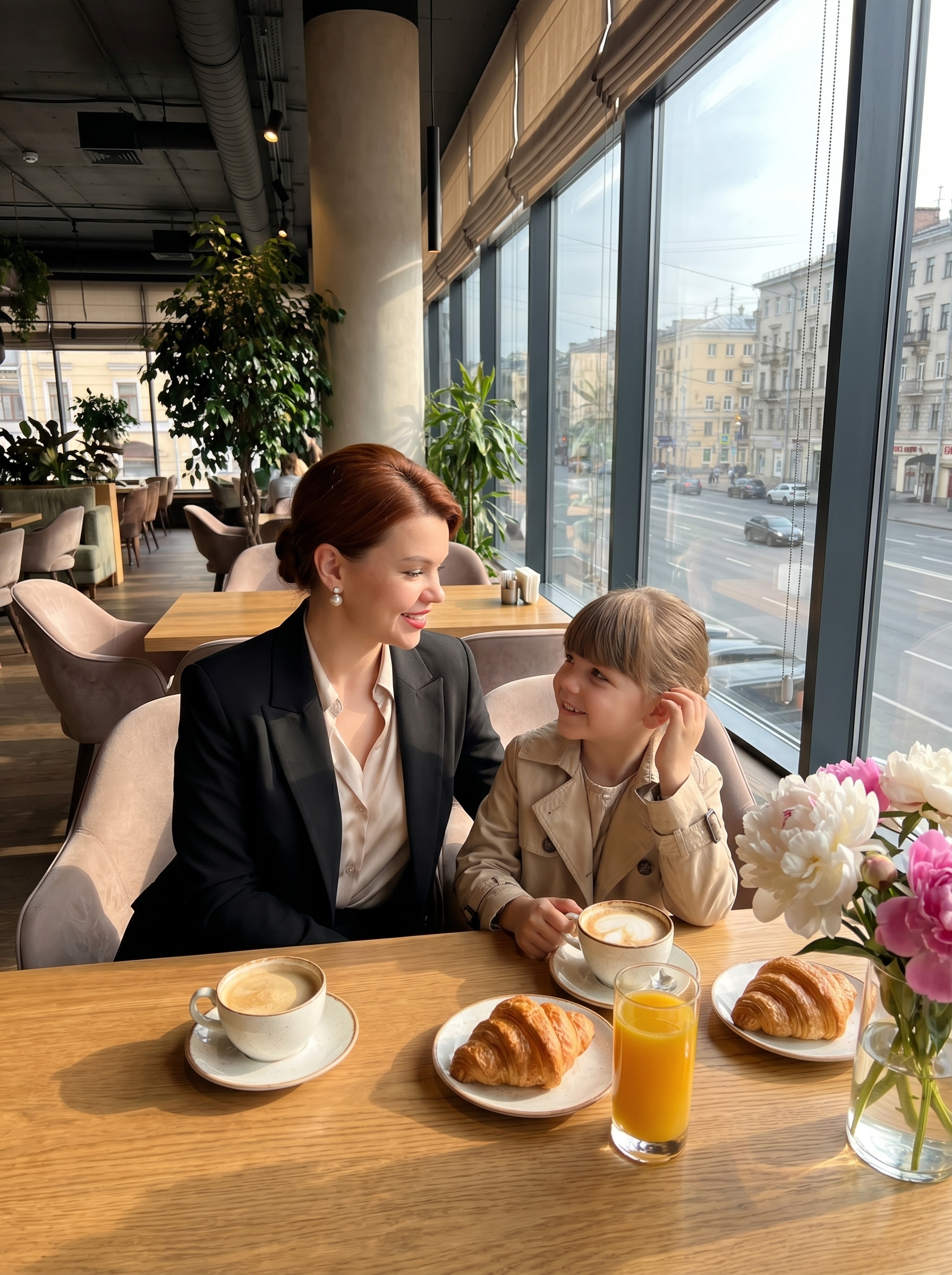 Нейрофотосессия: мама и дочка в кафе, утренний свет