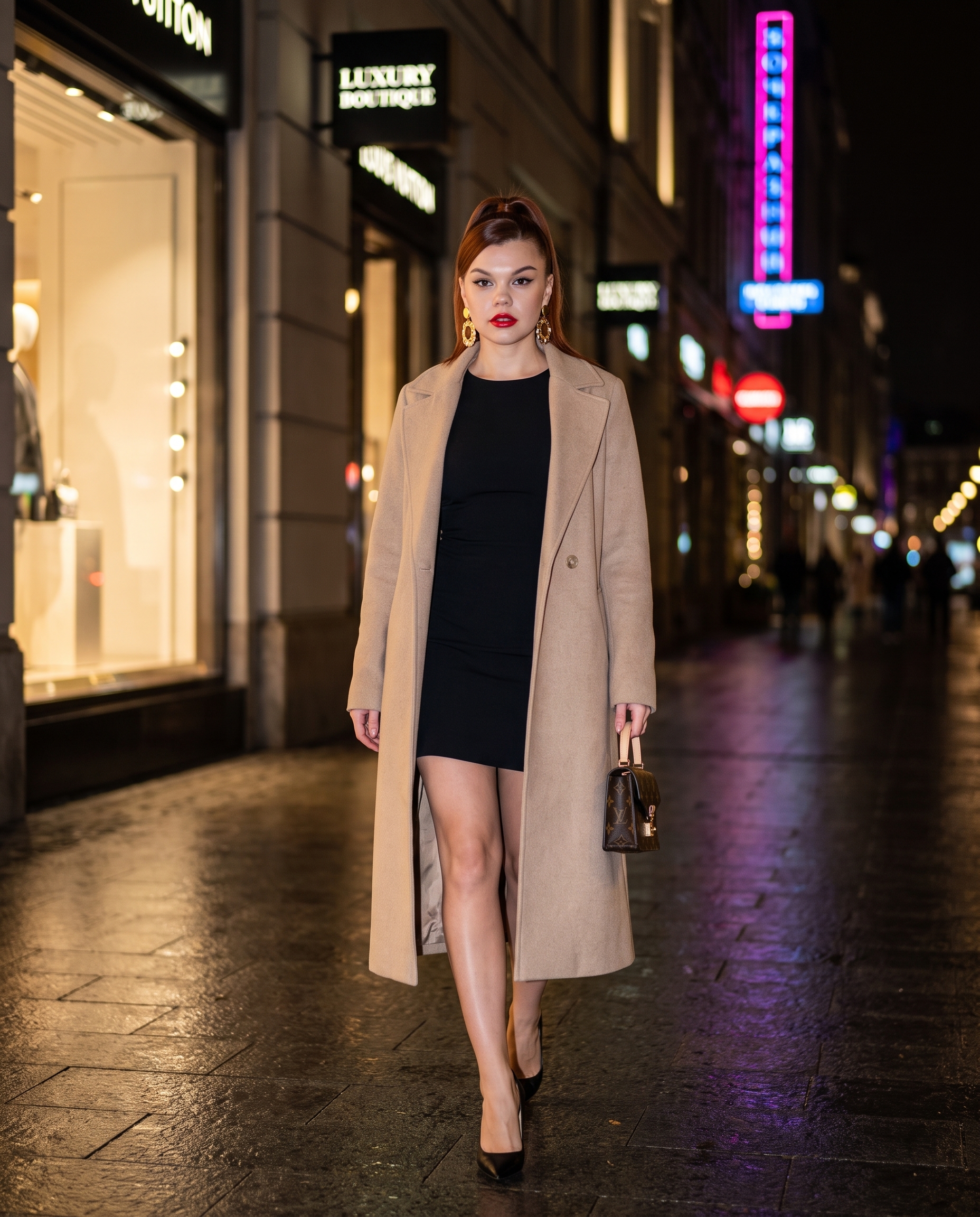 Нейрофото: вечерний fashion-образ в огнях большого города
