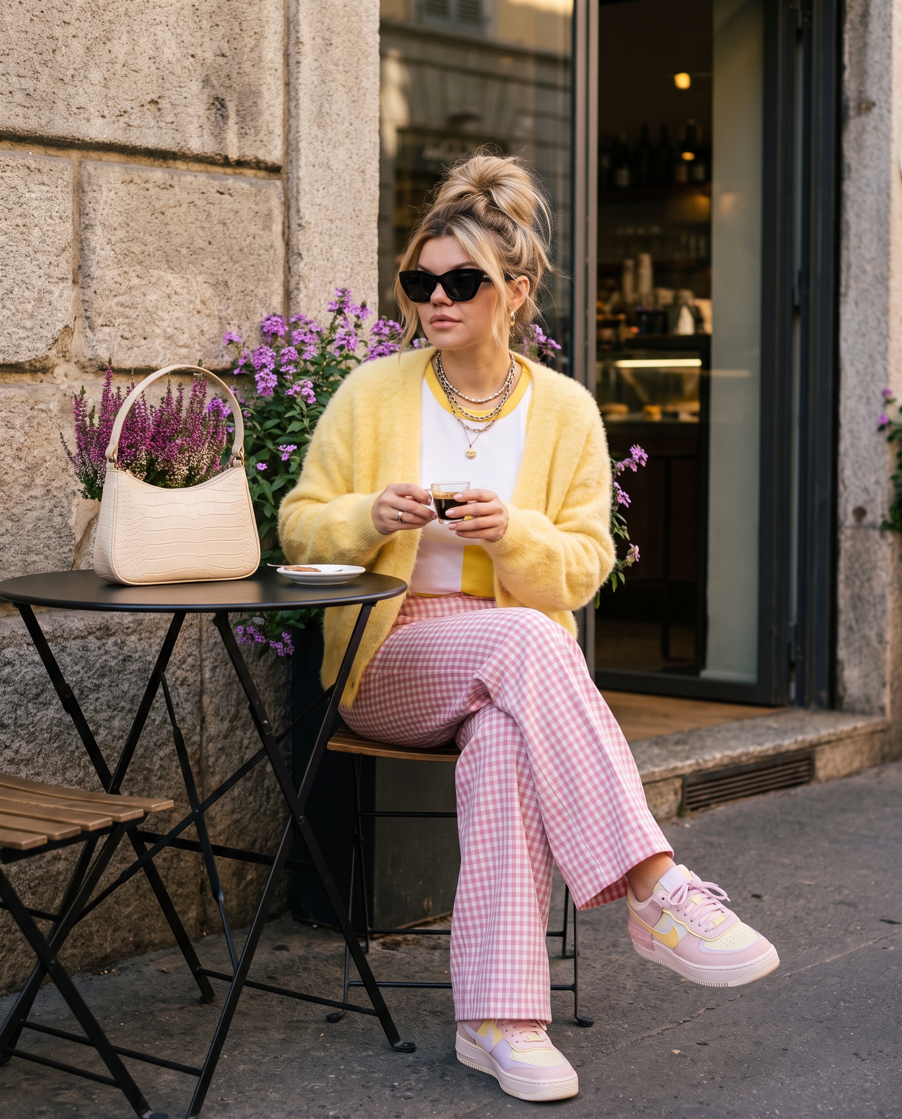 ИИ фото: девушка в европейском кафе, street style editorial