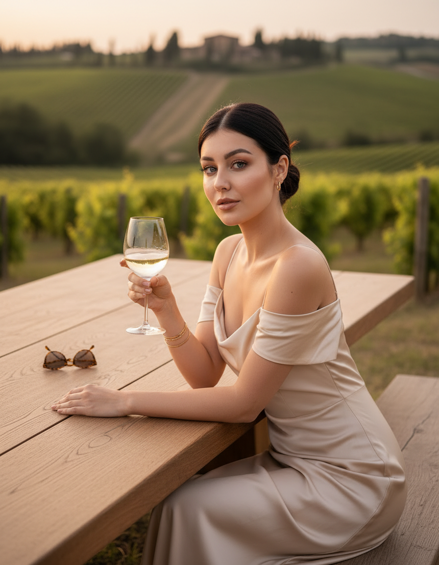 Нейрофотосессия: luxury editorial в Тоскане с бокалом вина