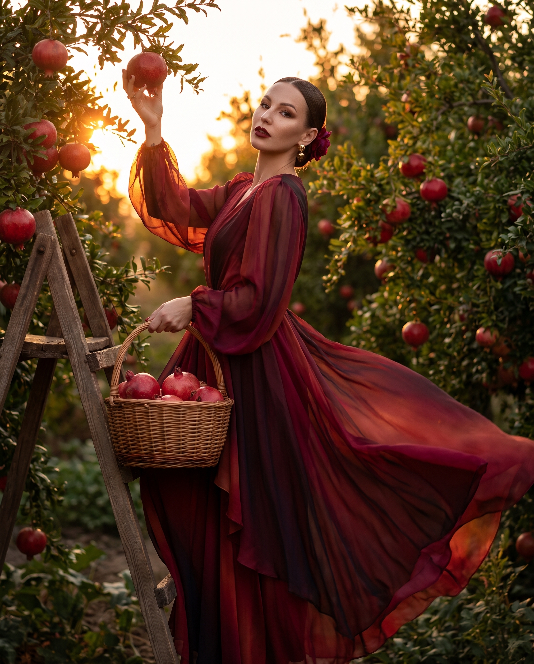 Нейрофотосессия: fashion editorial в гранатовом саду на закате